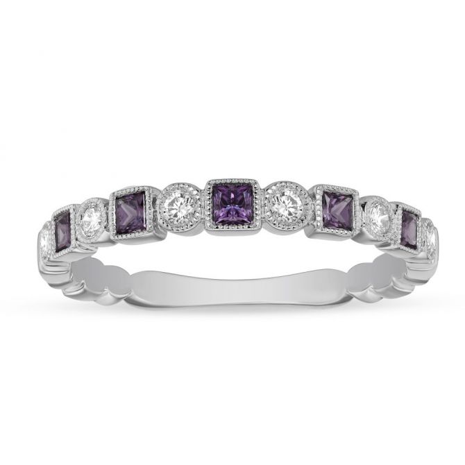 Amethyst & Diamond Geometric Band in White Gold
