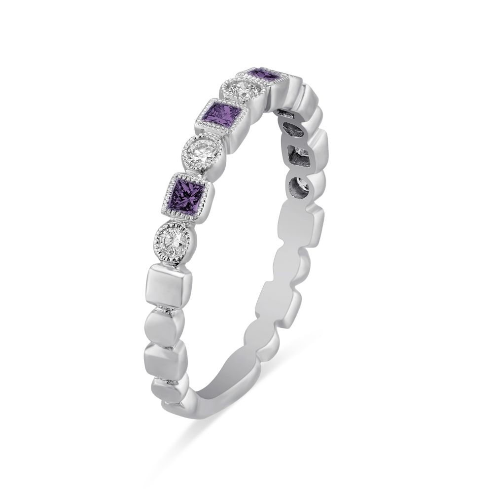 Amethyst & Diamond Geometric Band in White Gold