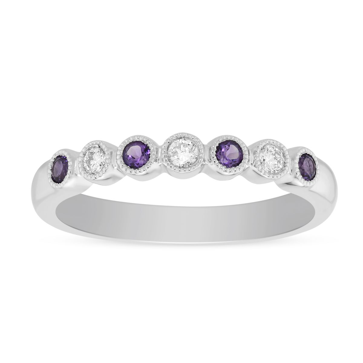 Amethyst & Diamond Milgrain Bezel Set Band in White Gold