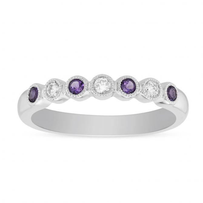 Amethyst & Diamond Milgrain Bezel Set Band in White Gold