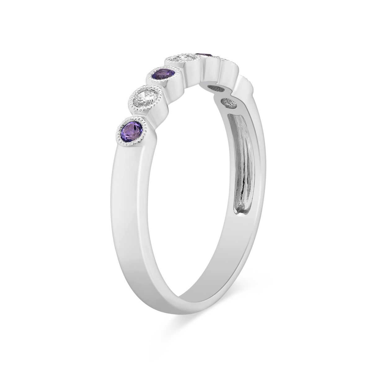 Amethyst & Diamond Milgrain Bezel Set Band in White Gold