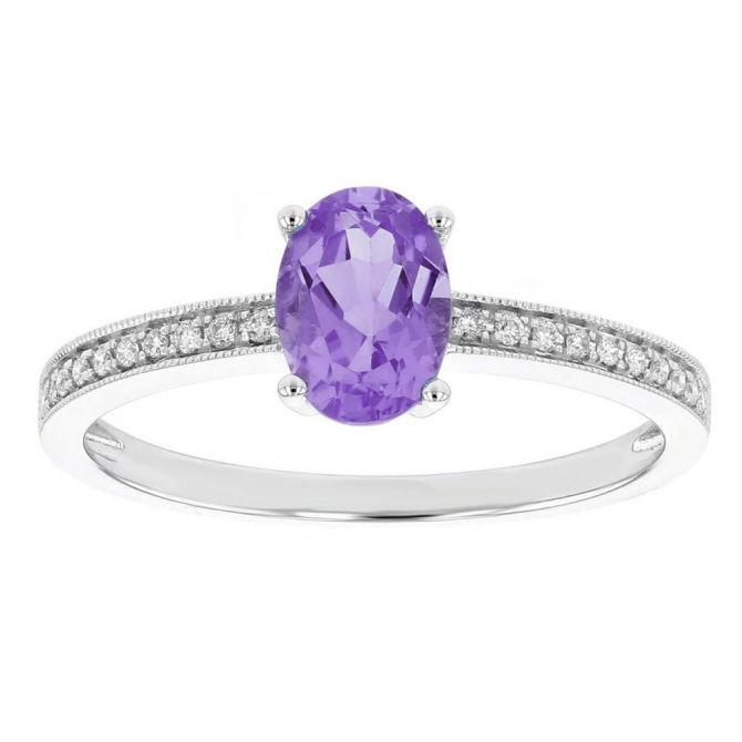 14K White Gold Oval Amethyst Ring with Diamond Milgrain Shank