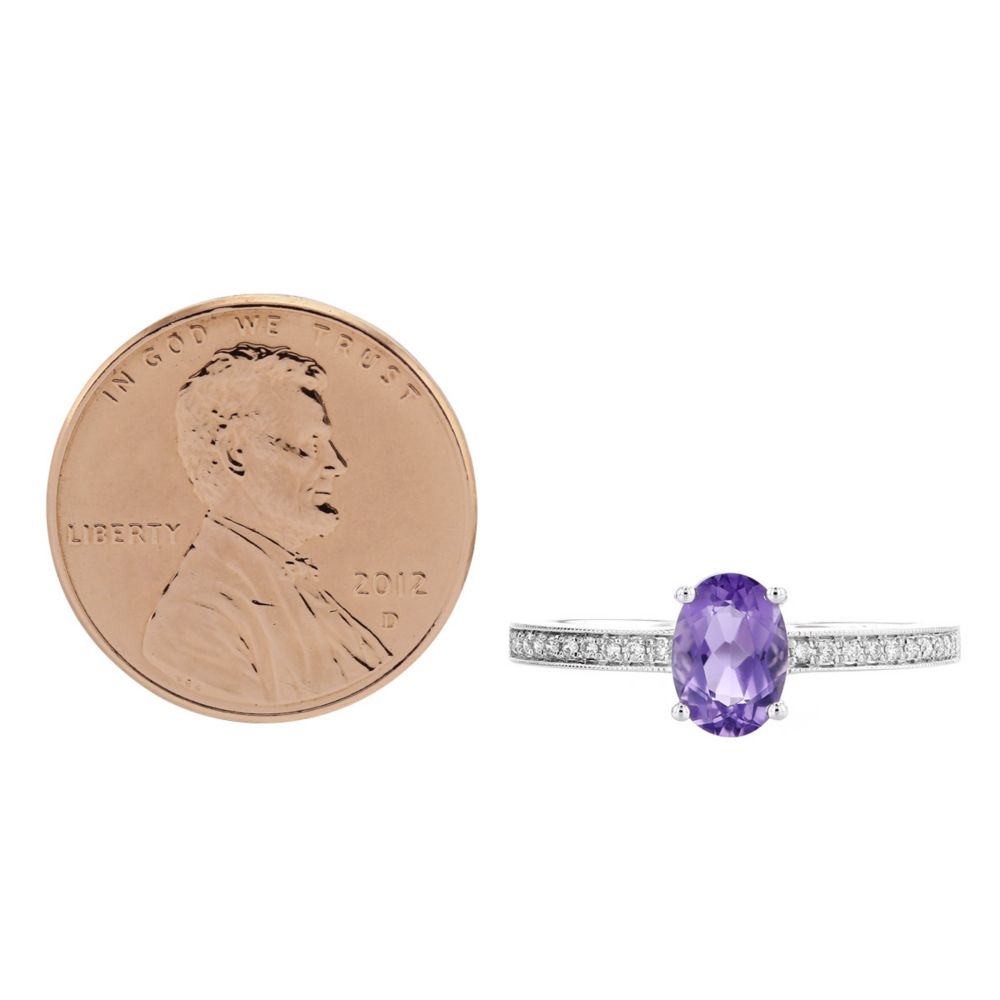 14K White Gold Oval Amethyst Ring with Diamond Milgrain Shank