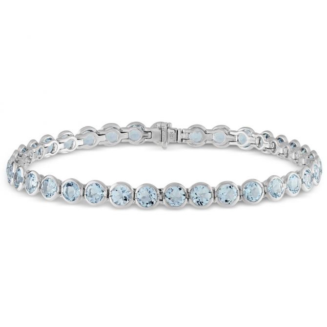 Round Aquamarine Bezel Set Bracelet in White Gold, 7.25"