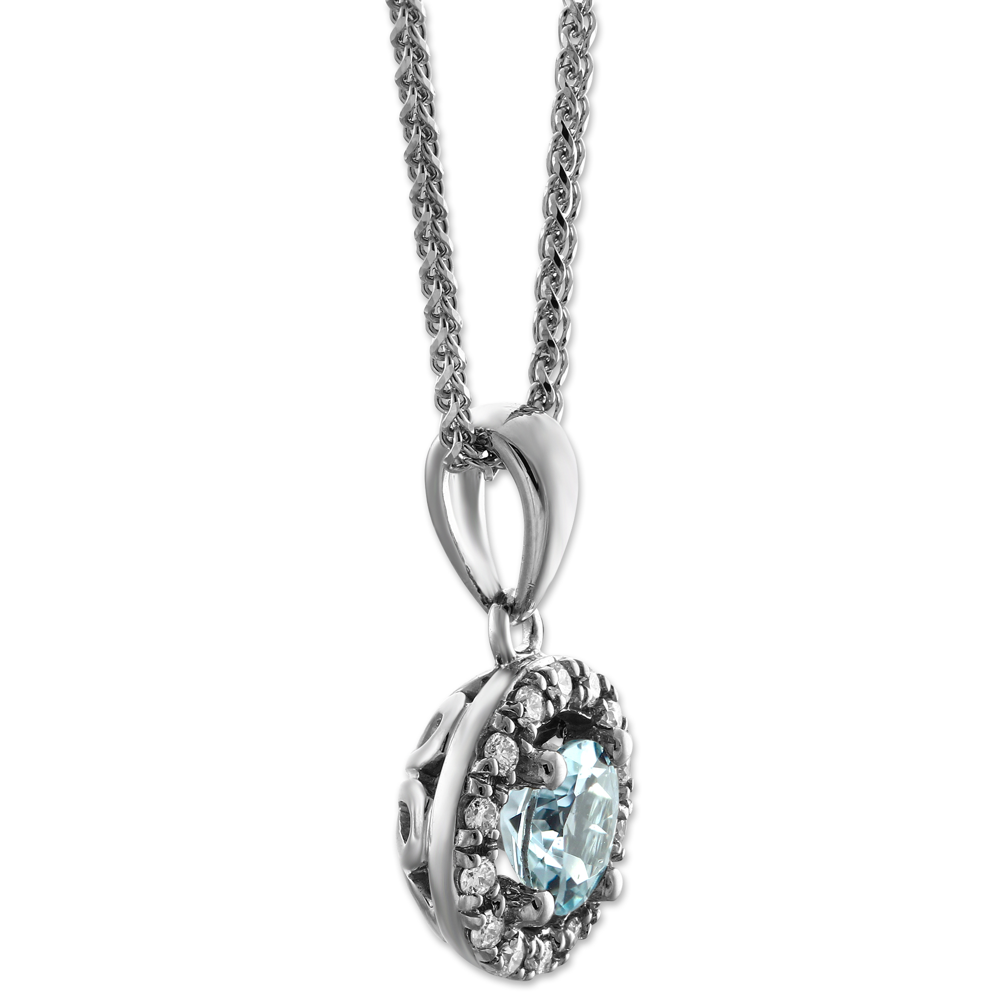 Round Aquamarine & Diamond Halo Pendant in White Gold, 18