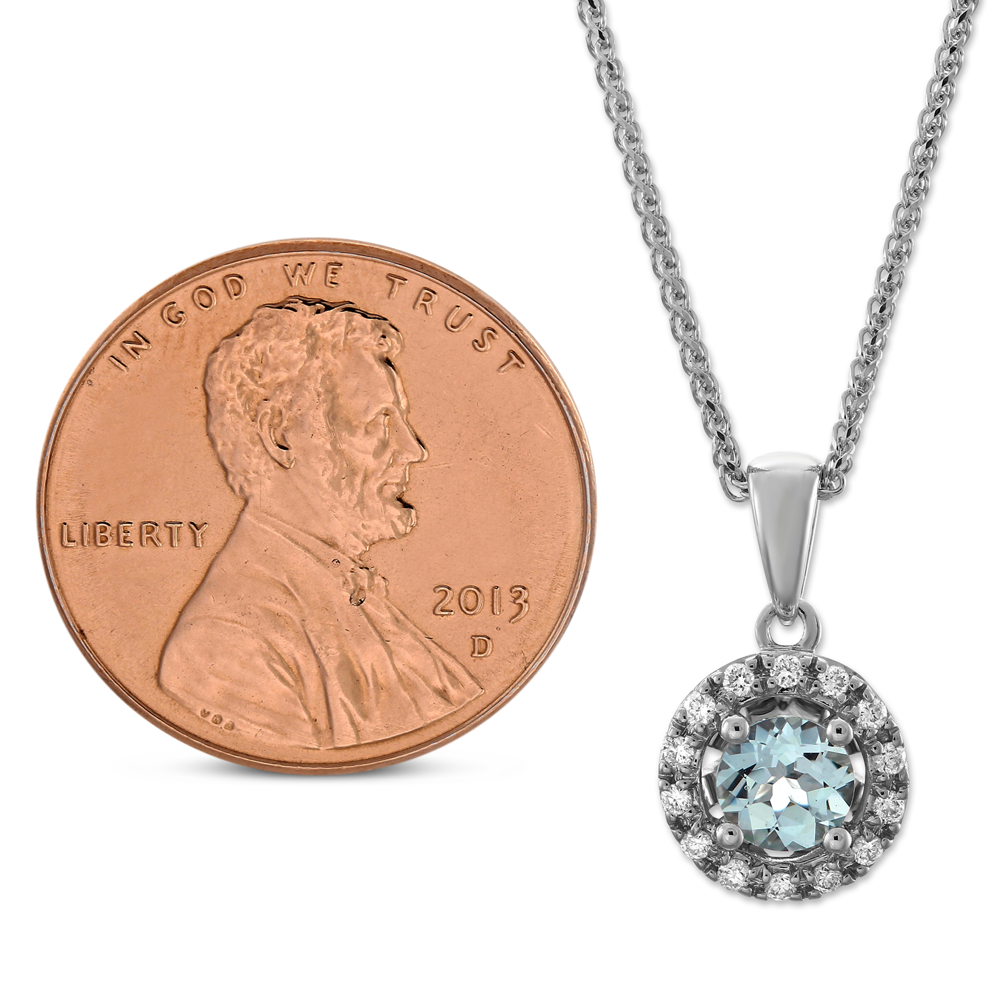 Round Aquamarine & Diamond Halo Pendant in White Gold, 18