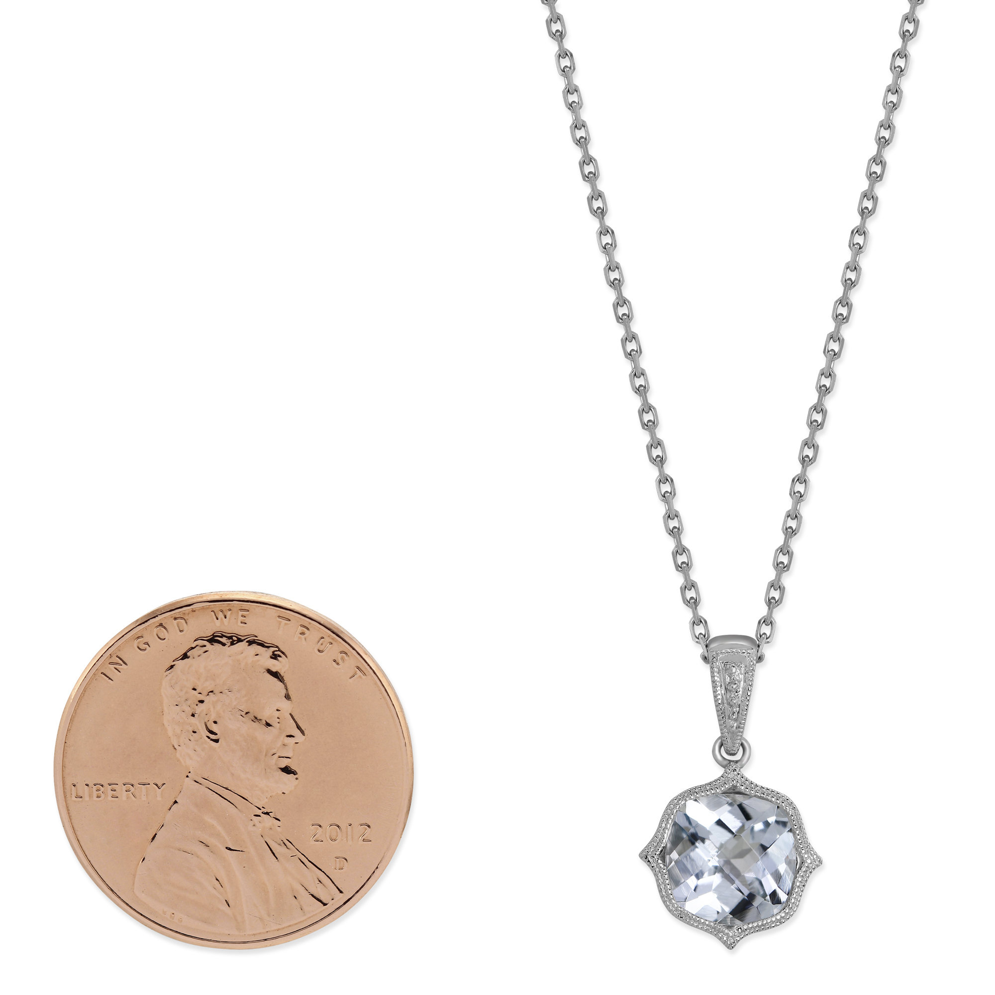 Cushion Checkerboard Aquamarine With Milgrain Bezel Pendant in White Gold, 18