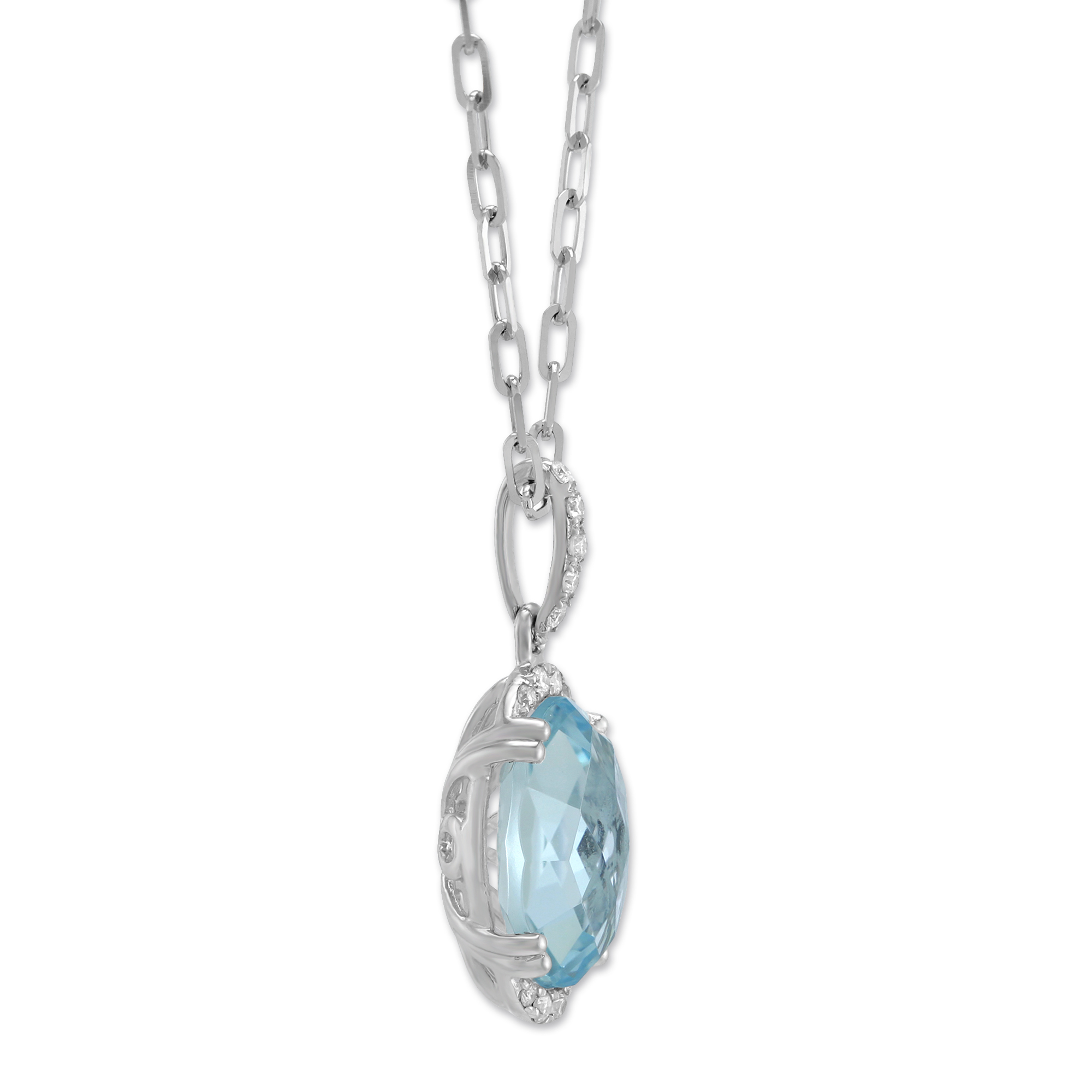 Oval Checkerboard Aquamarine & Diamond Pendant in White Gold, 18