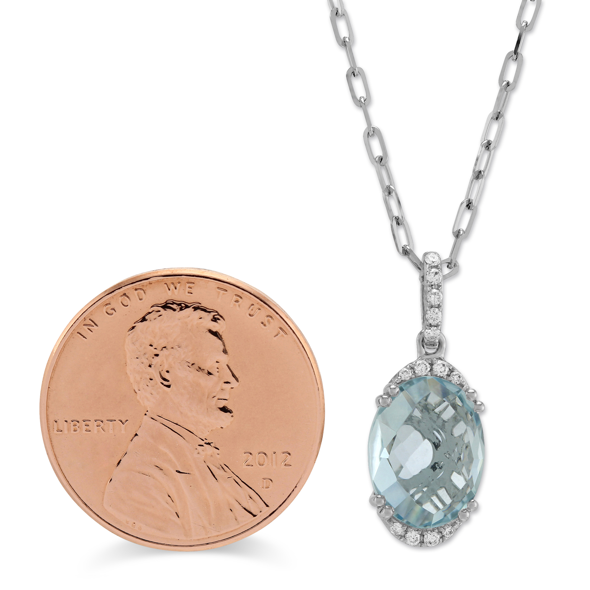 Oval Checkerboard Aquamarine & Diamond Pendant in White Gold, 18