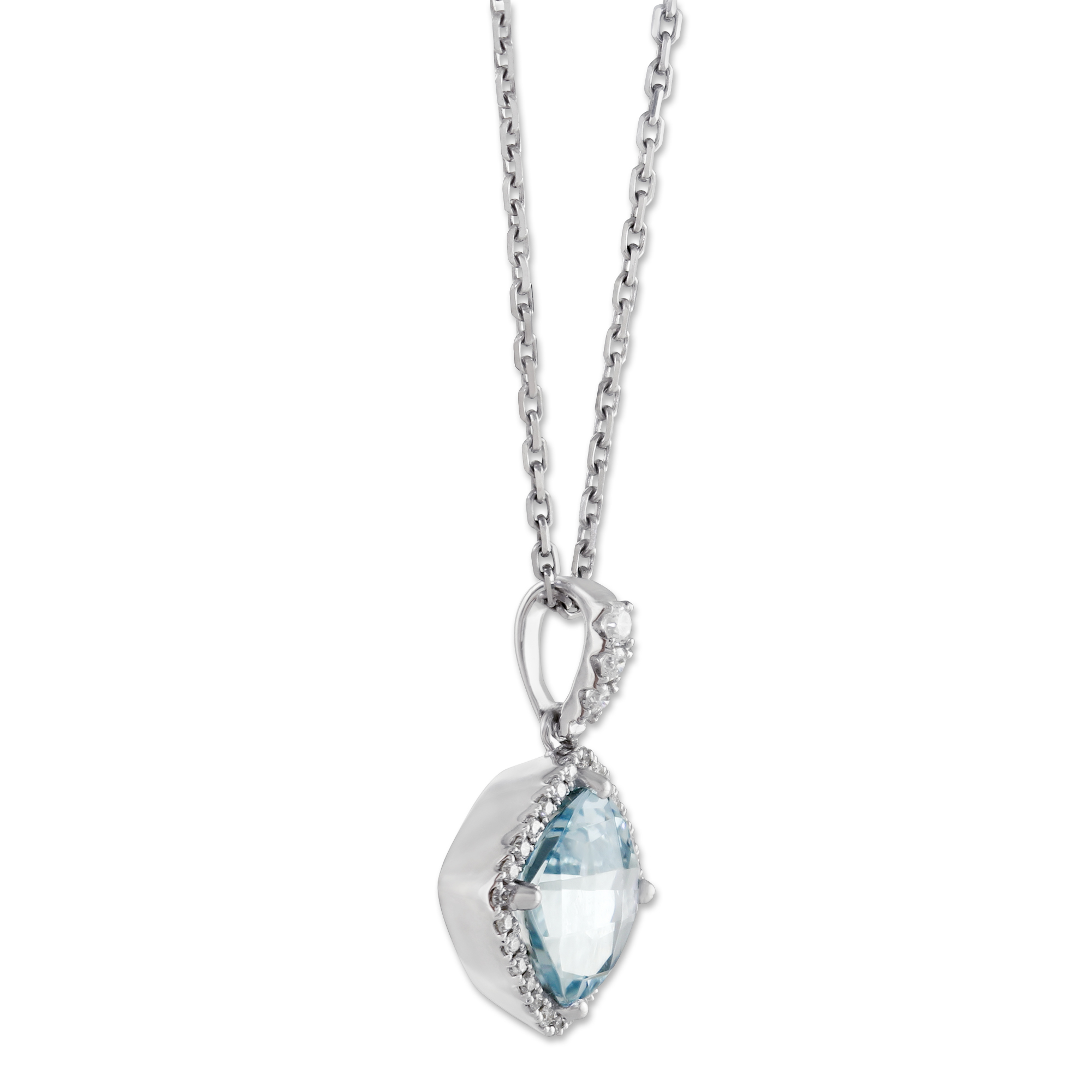 Checkerboard Aquamarine & Diamond Halo Pendant in White Gold, 18