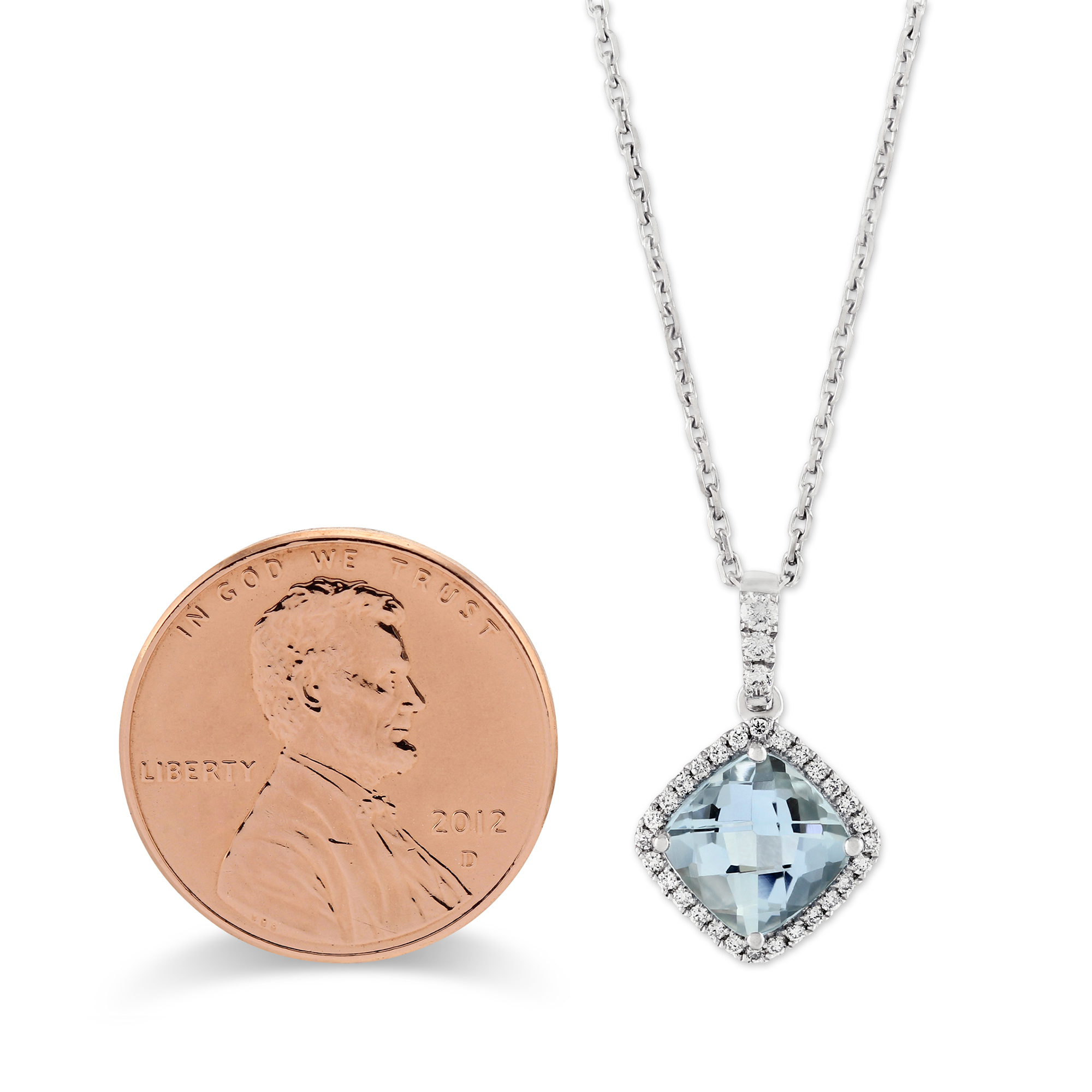 Checkerboard Aquamarine & Diamond Halo Pendant in White Gold, 18