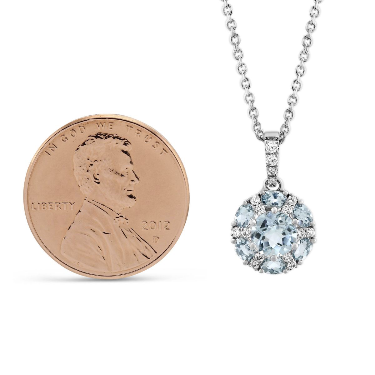 Round/Oval Aquamarine & Diamond Circle Pendant in White Gold, 18