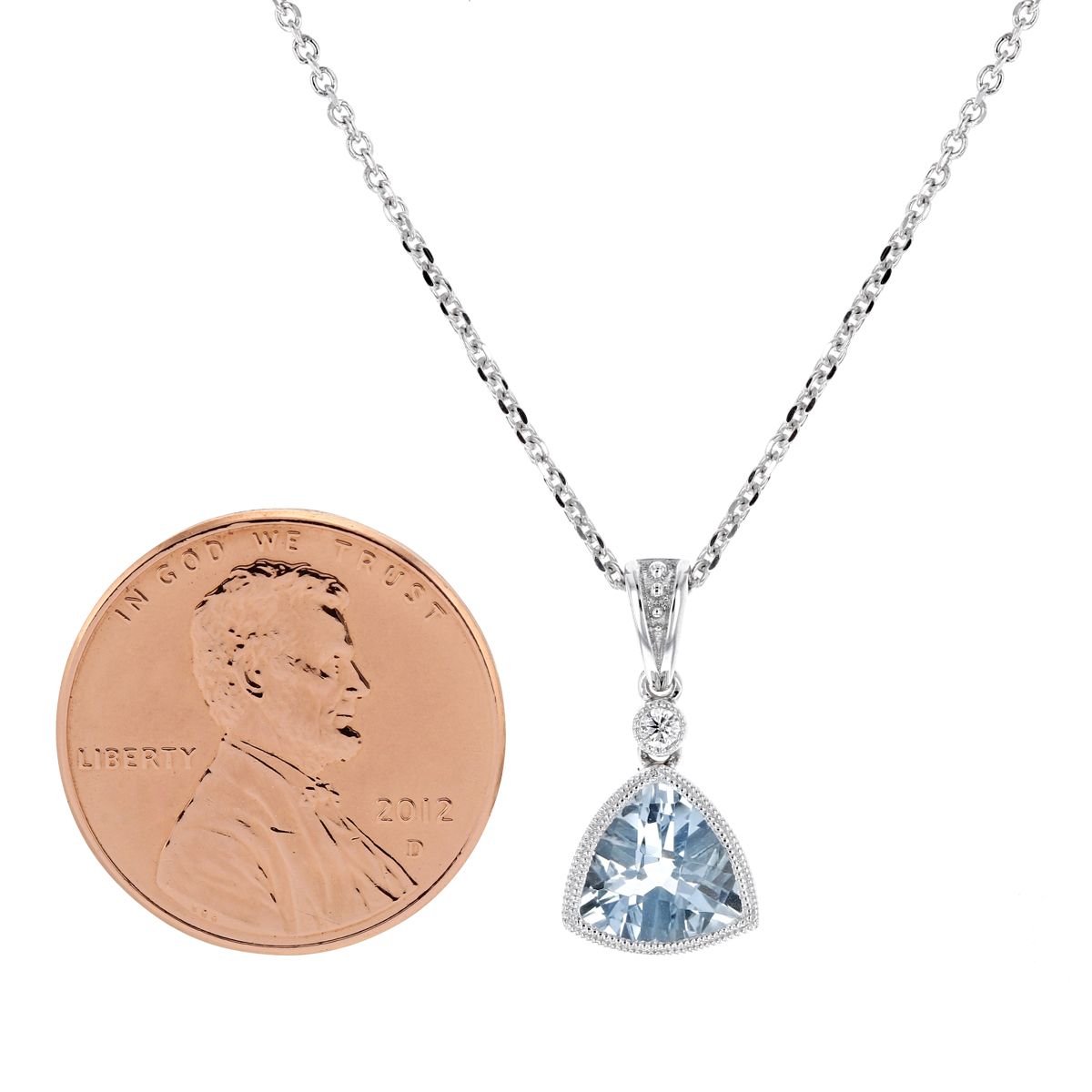 Checkerboard Trillion Aquamarine & Diamond Milgrain Pendant in White Gold, 18