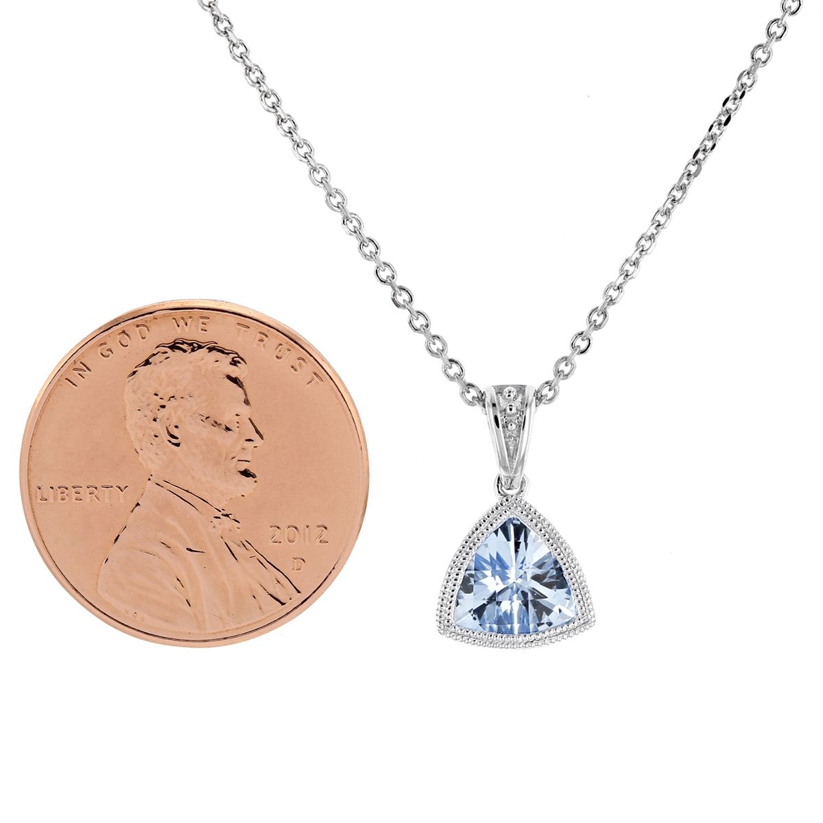 Checkerboard Trillion Aquamarine Milgrain Bezel Pendant in White Gold, 18