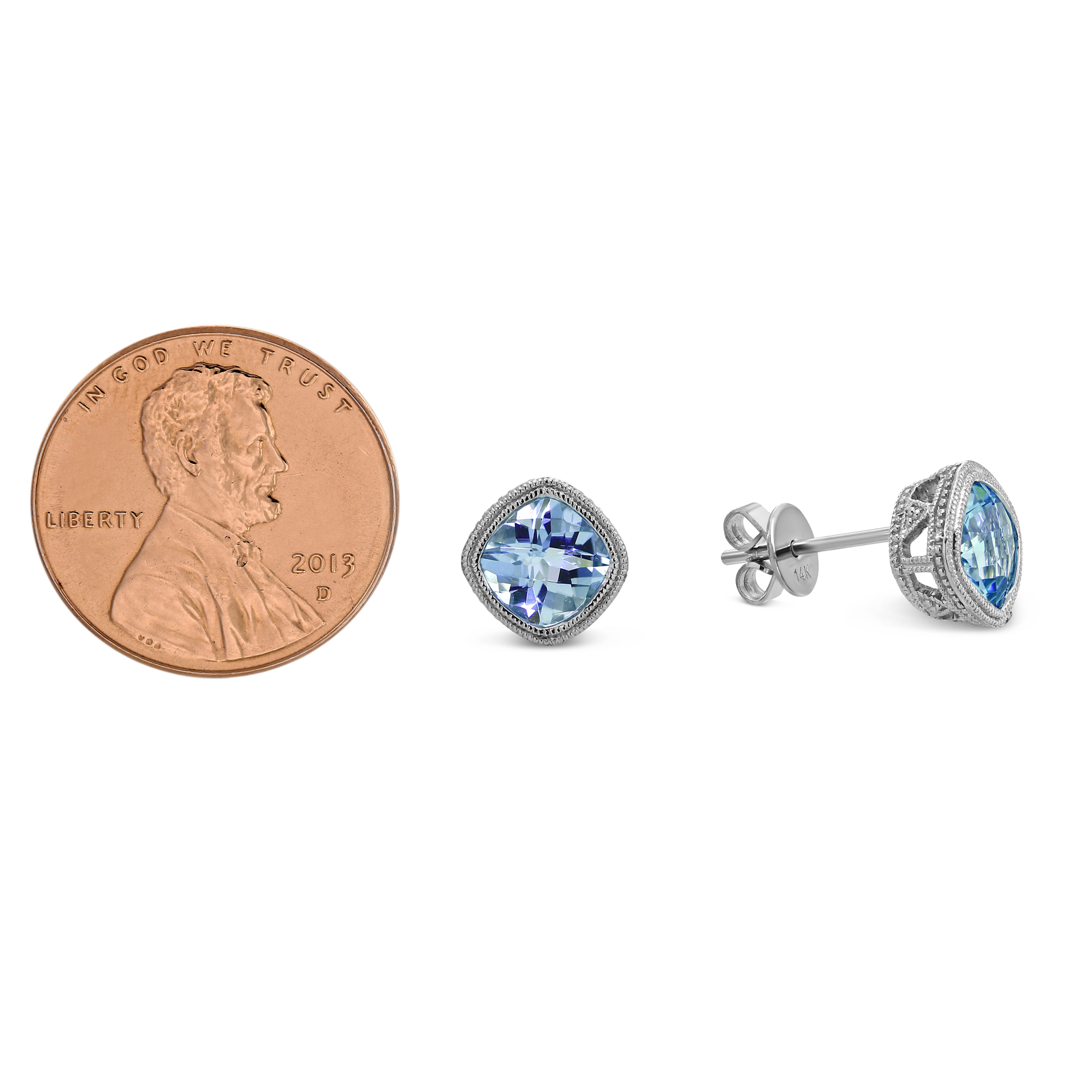 Cushion Checkerboard Aquamarine Bezel Set Earrings in White Gold