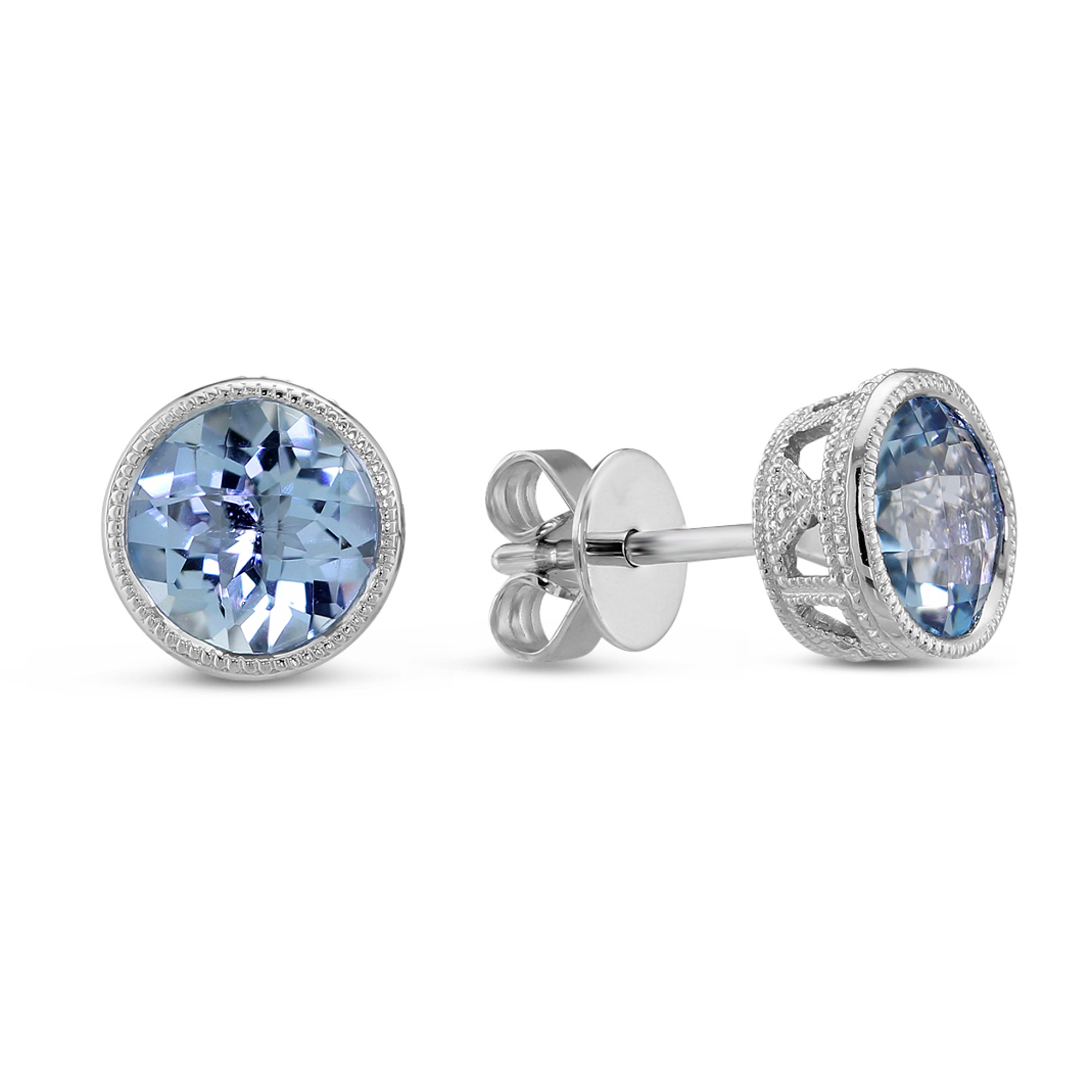 Round Checkerboard Aquamarine Bezel Set Earrings in White Gold