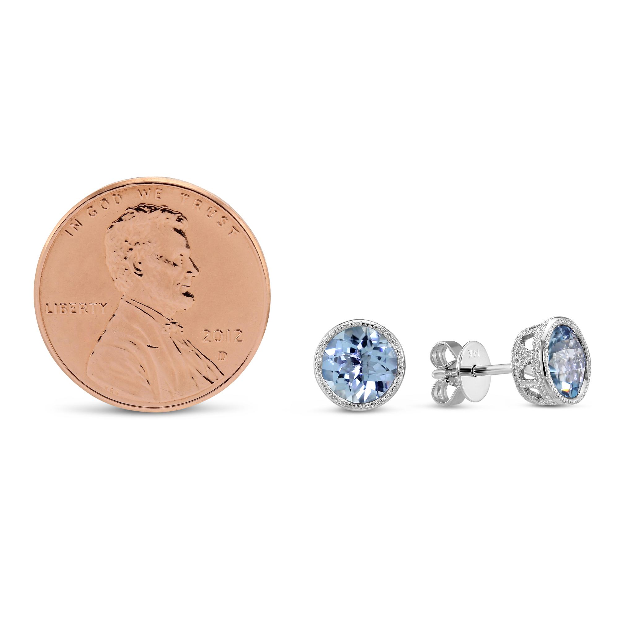 Round Checkerboard Aquamarine Bezel Set Earrings in White Gold