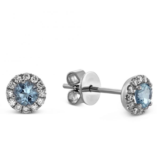 Aquamarine & Diamond Halo Earrings in White Gold