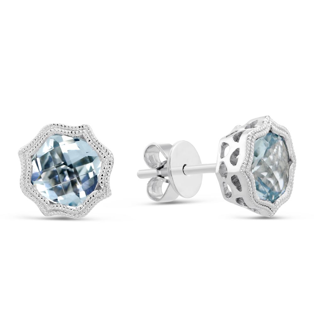 Cushion Aquamarine Earrings with Double Milgrain in White Gold
