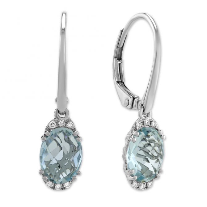 Oval Checkerboard Aquamarine & Diamond Drop Earrings in White Gold