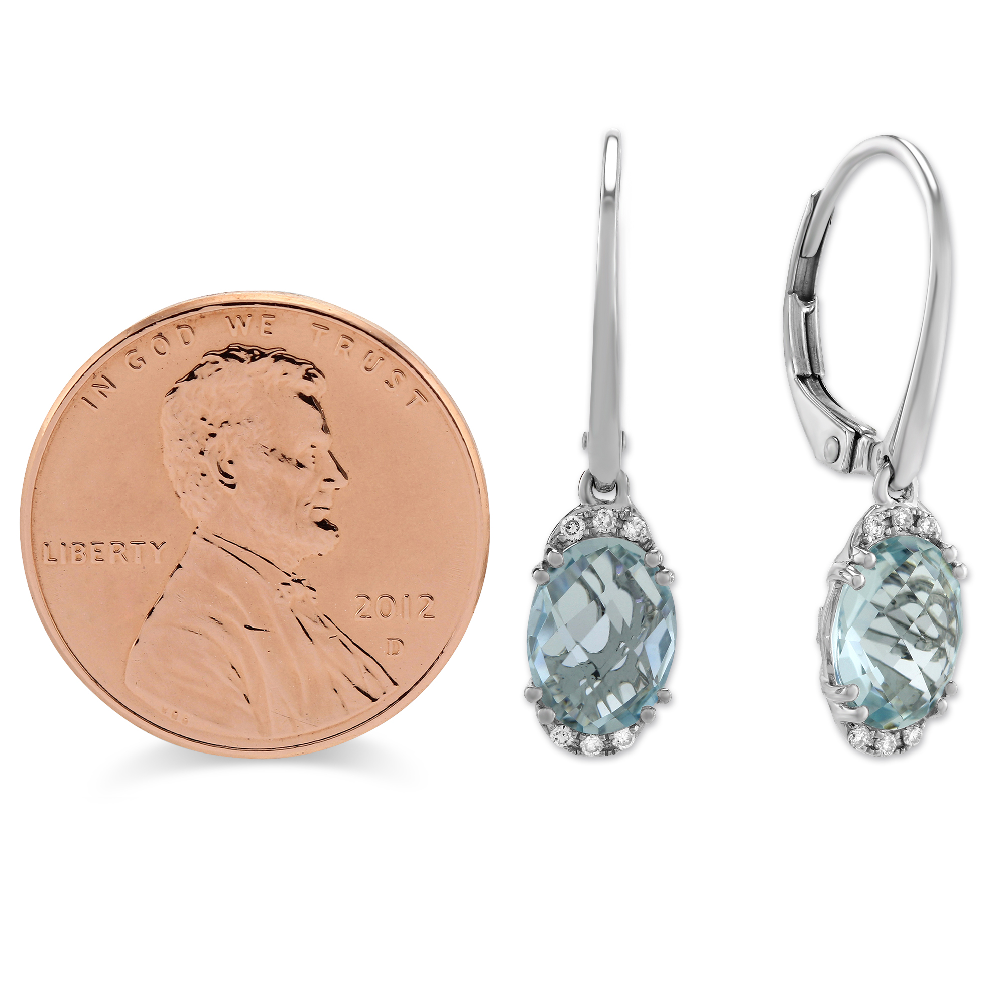 Oval Checkerboard Aquamarine & Diamond Drop Earrings in White Gold