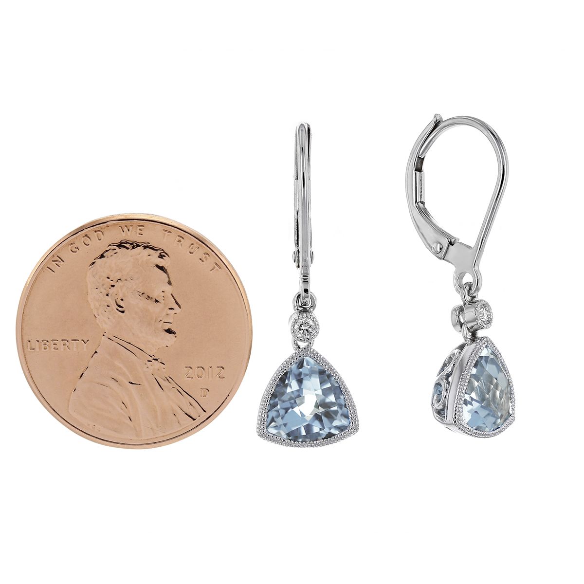 Checkerboard Trillion Aquamarine & Diamond Milgrain Drop Earrings in White Gold