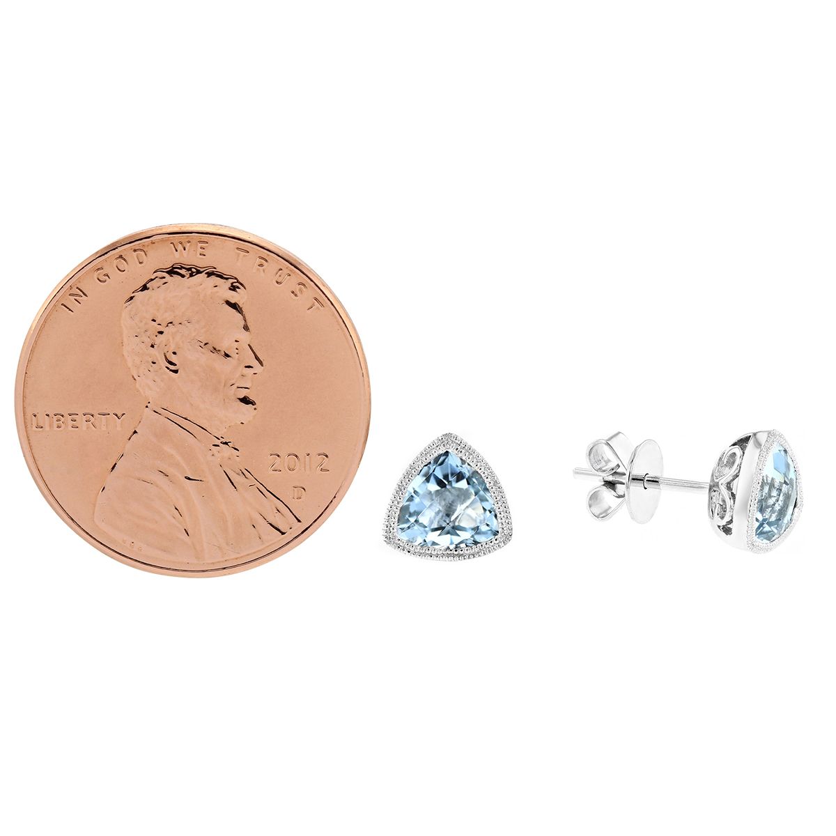 Checkerboard Trillion Aquamarine Milgrain Bezel Post Earrings in White Gold