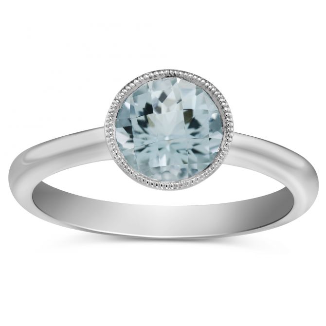 Round Checkerboard Aquamarine Bezel Set Ring in White Gold
