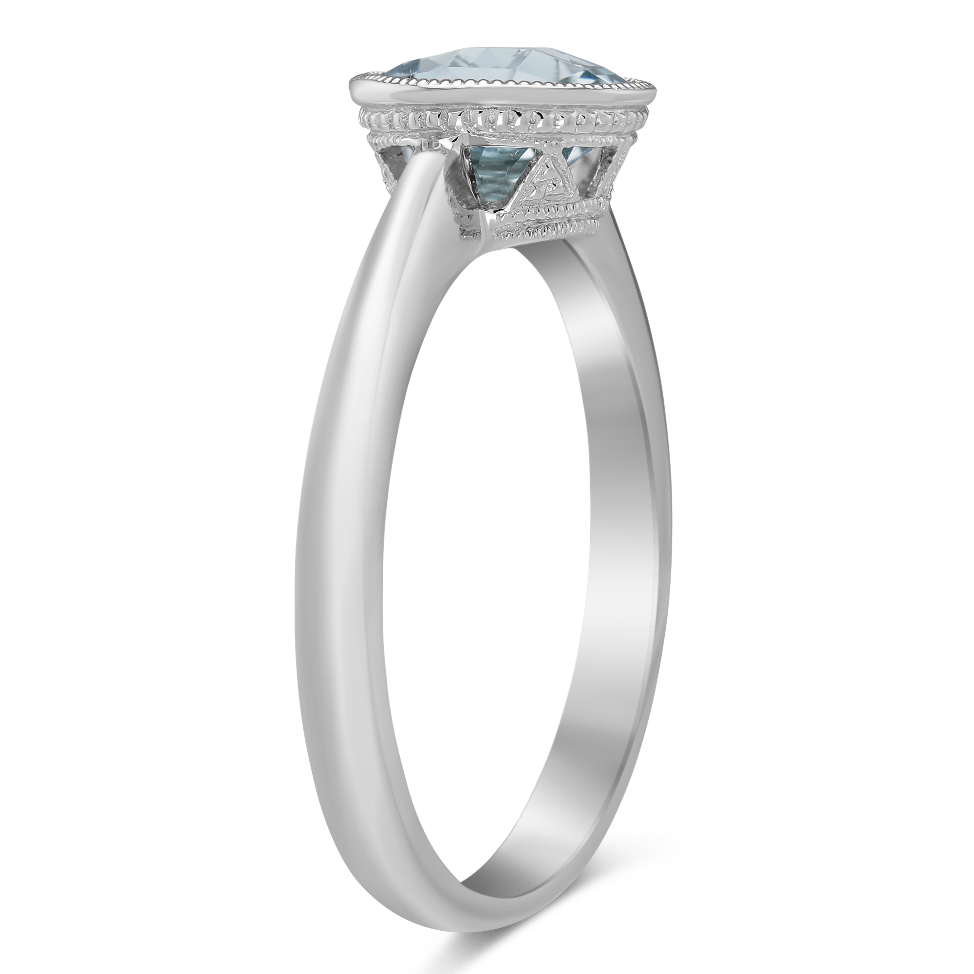 Round Checkerboard Aquamarine Bezel Set Ring in White Gold