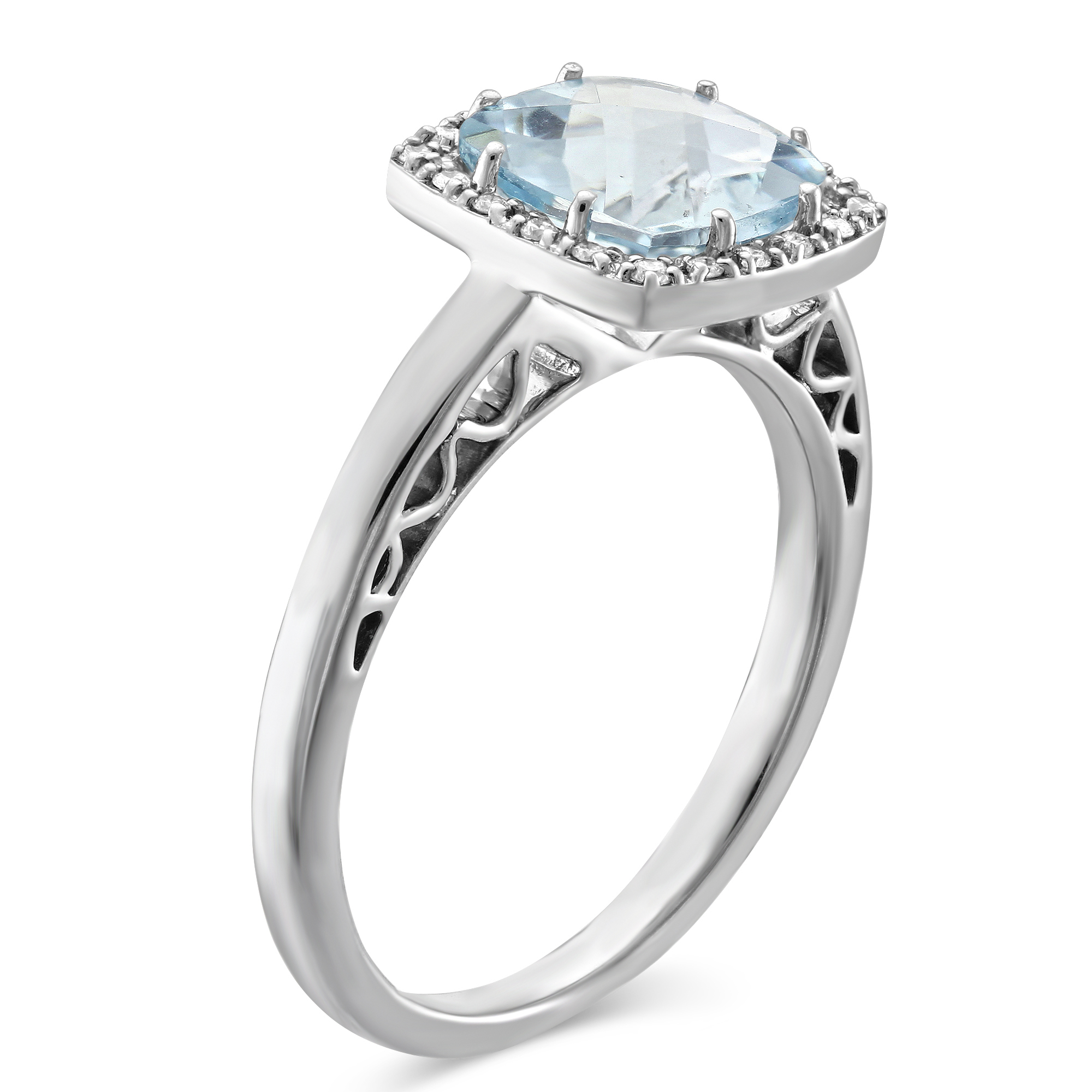 Checkerboard Cushion Aquamarine & Diamond Ring in White Gold
