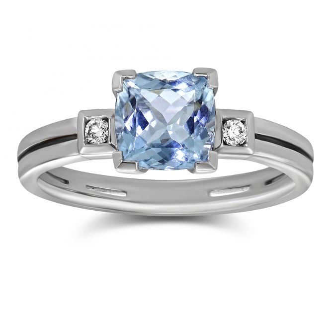 Checkerboard Cushion Aquamarine & Diamond Ring in White Gold