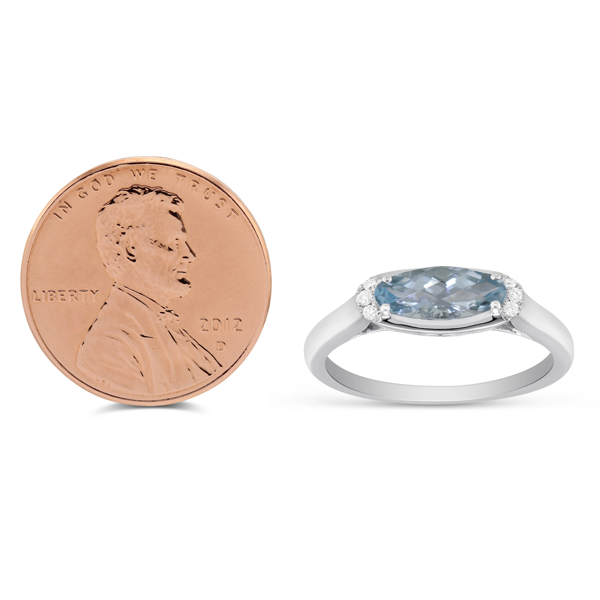 Checkerboard Faceted Oval Aquamarine & Diamond Ring in White Gold