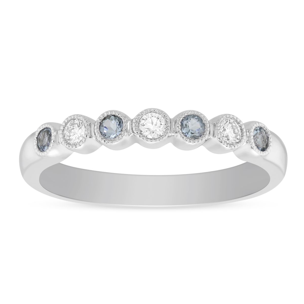 Round Aquamarine & Diamond Bezel Set Milgrain Ring in White Gold