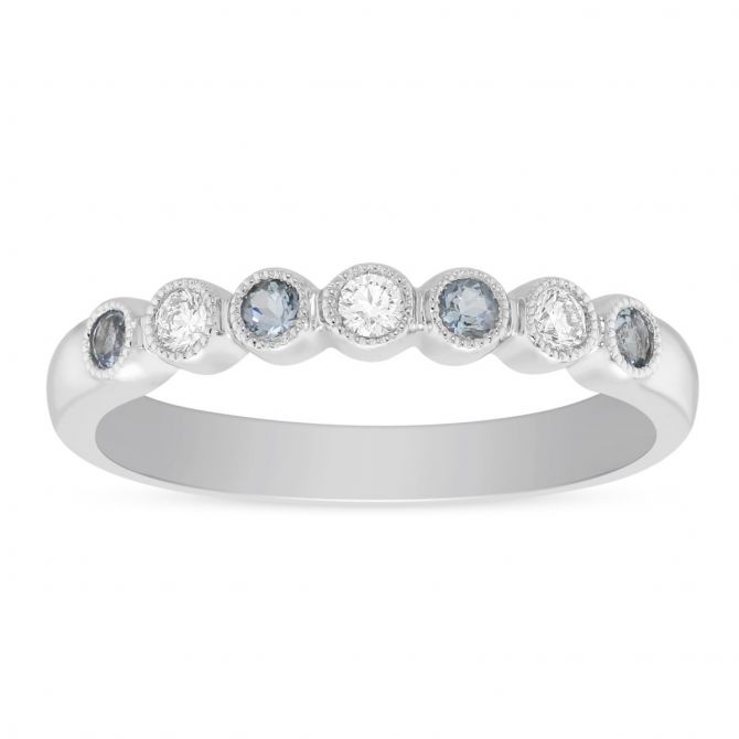 Round Aquamarine & Diamond Bezel Set Milgrain Ring in White Gold