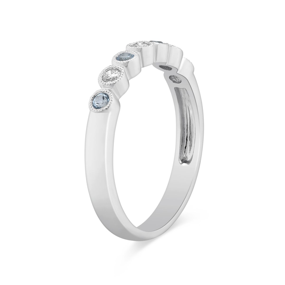 Round Aquamarine & Diamond Bezel Set Milgrain Ring in White Gold