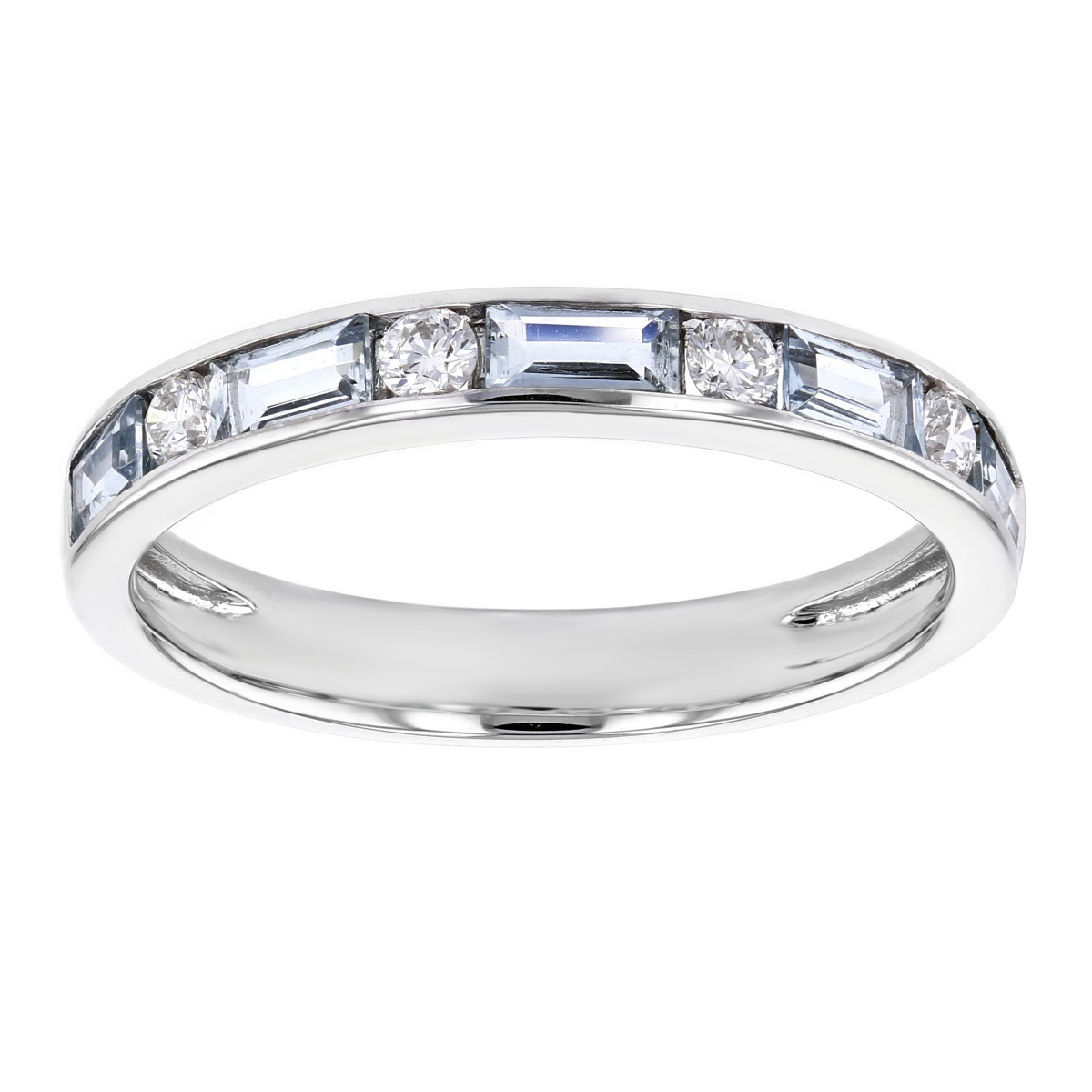 Baguette Aquamarine & Round Diamond Alternating Channel Set Ring in White Gold
