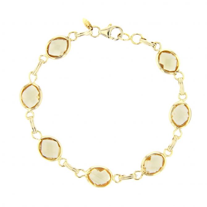 14K Yellow Gold Oval Checkerboard Citrine Bezel Set Link Bracelet, 7.5"