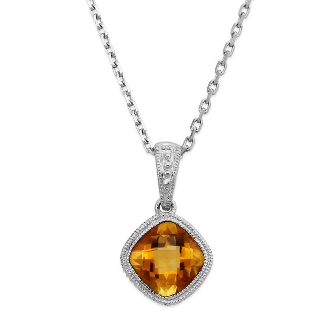 14K White Gold Cushion Checkerboard Citrine Bezel Set Pendant, 18"