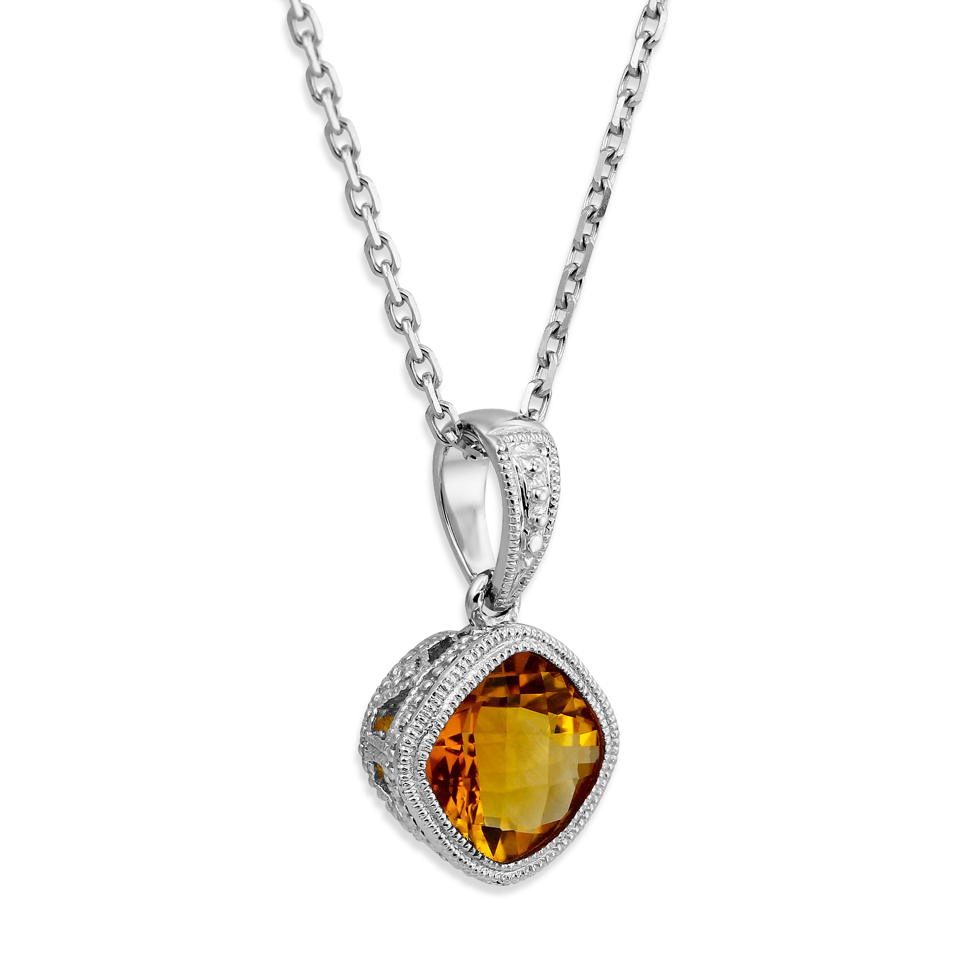 14K White Gold Cushion Checkerboard Citrine Bezel Set Pendant, 18