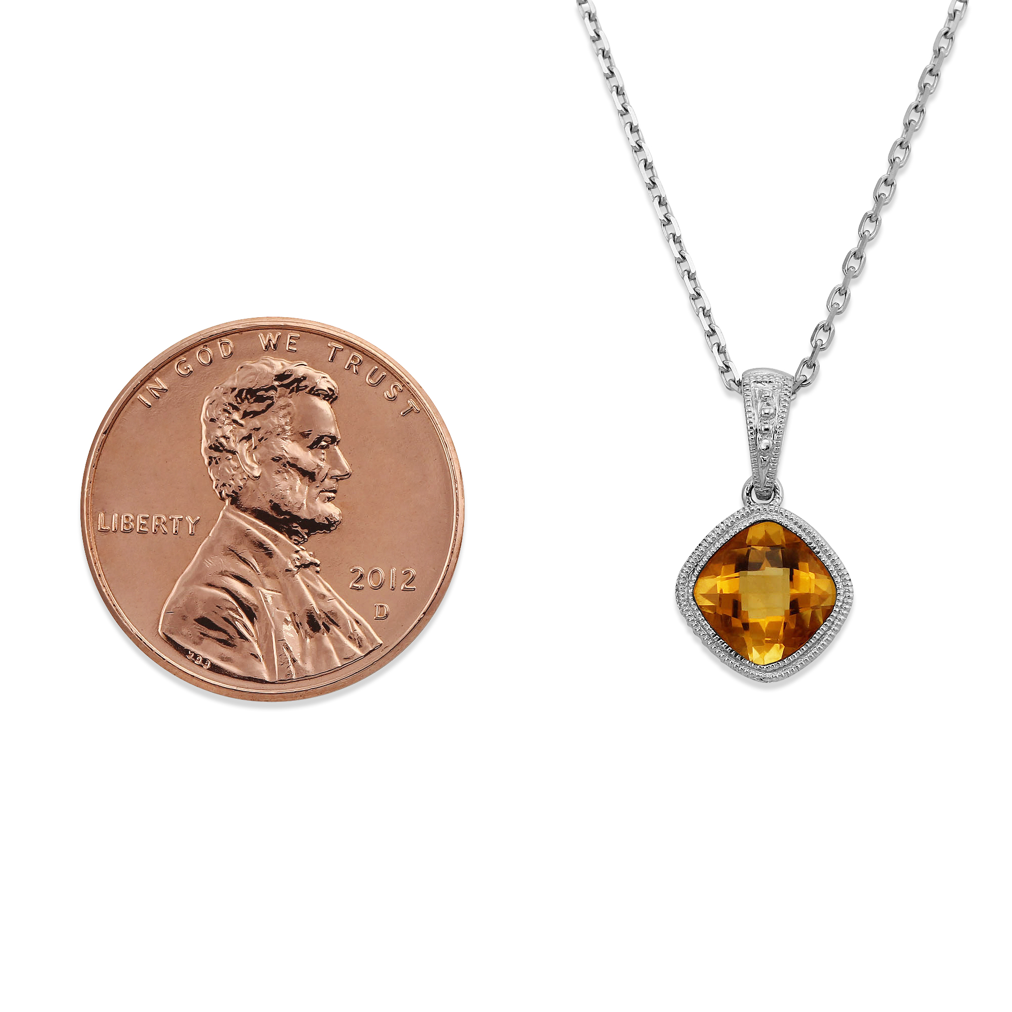 14K White Gold Cushion Checkerboard Citrine Bezel Set Pendant, 18