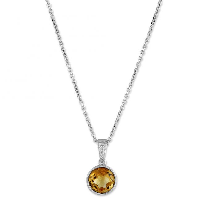 14K White Gold Checkerboard Faceted Citrine Pendant, 18"