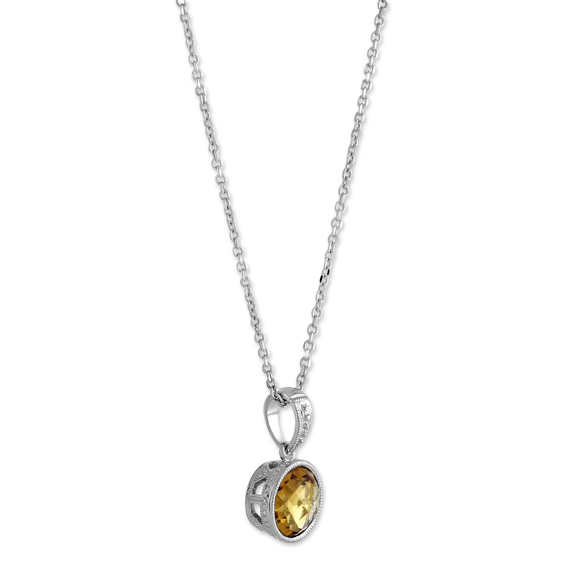 14K White Gold Checkerboard Faceted Citrine Pendant, 18