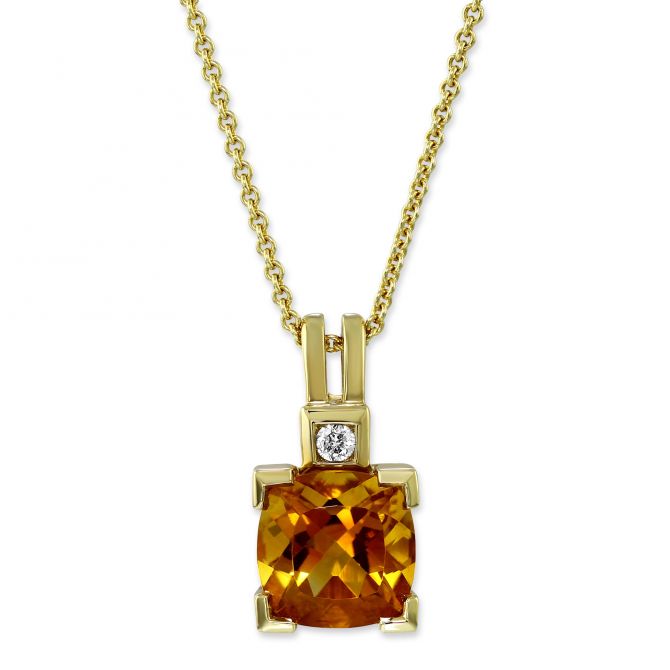 14K Yellow Gold Cushion Citrine & Diamond Pendant, 16-18"