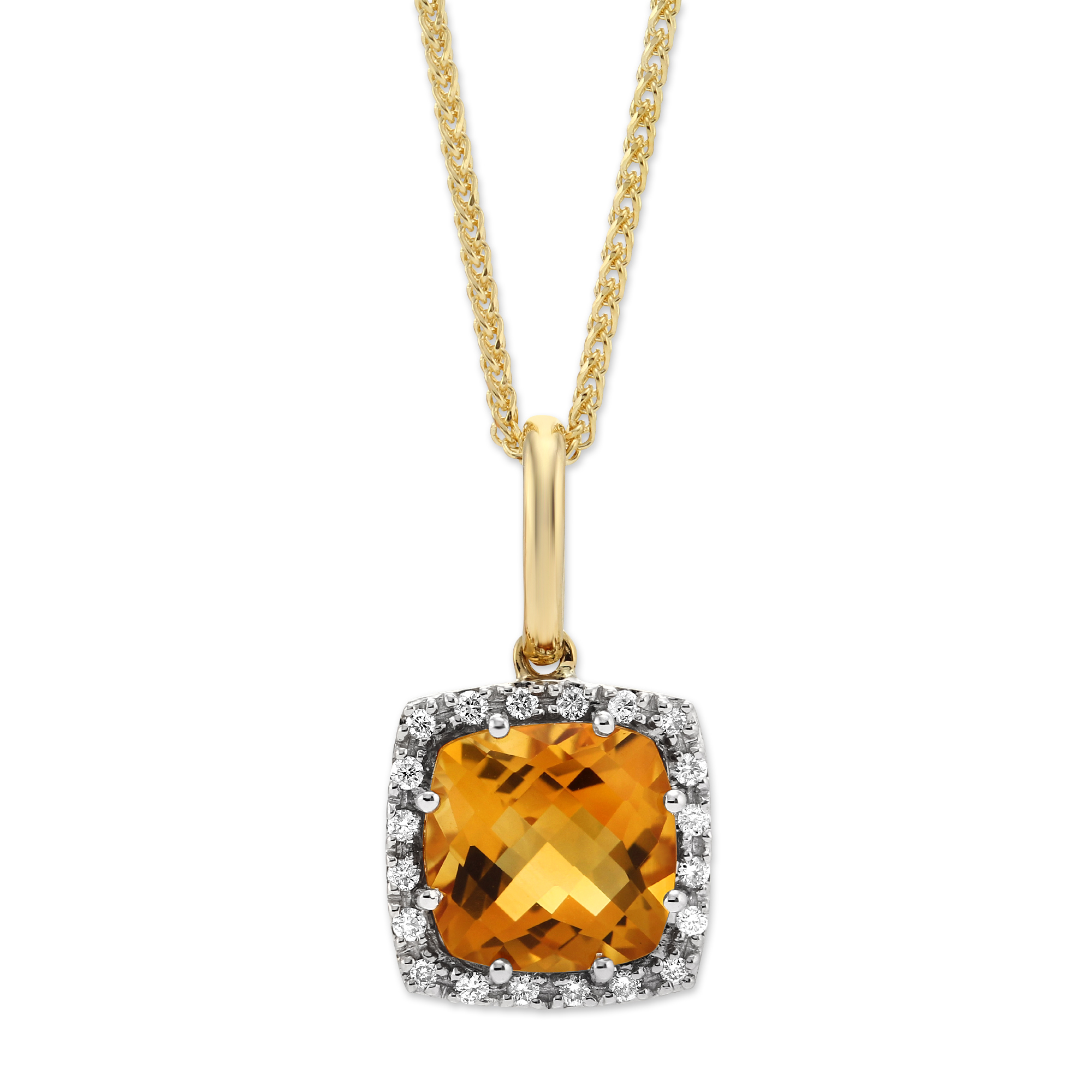 14K Yellow Gold Cushion Citrine & Diamond Frame Pendant, 18