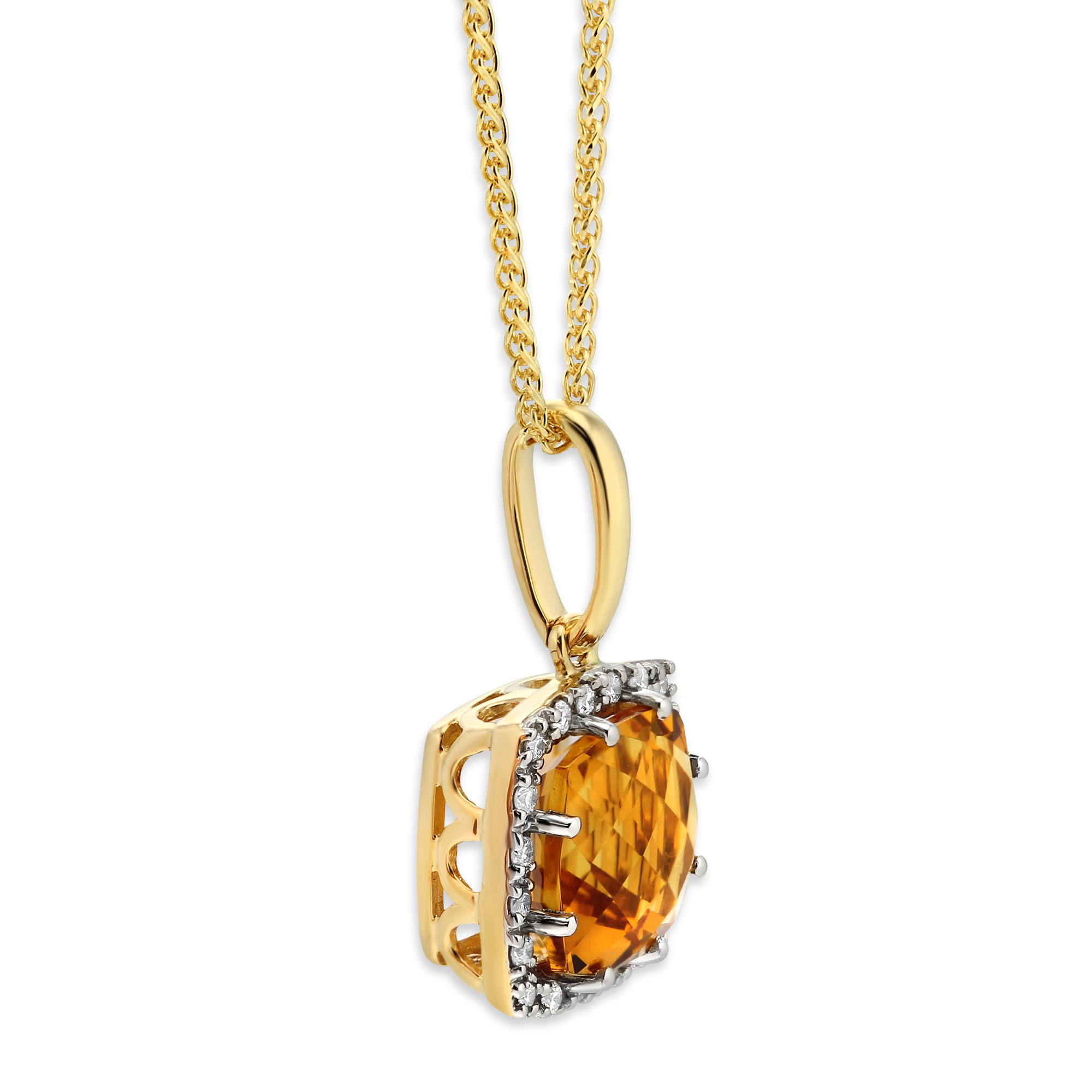 14K Yellow Gold Cushion Citrine & Diamond Frame Pendant, 18