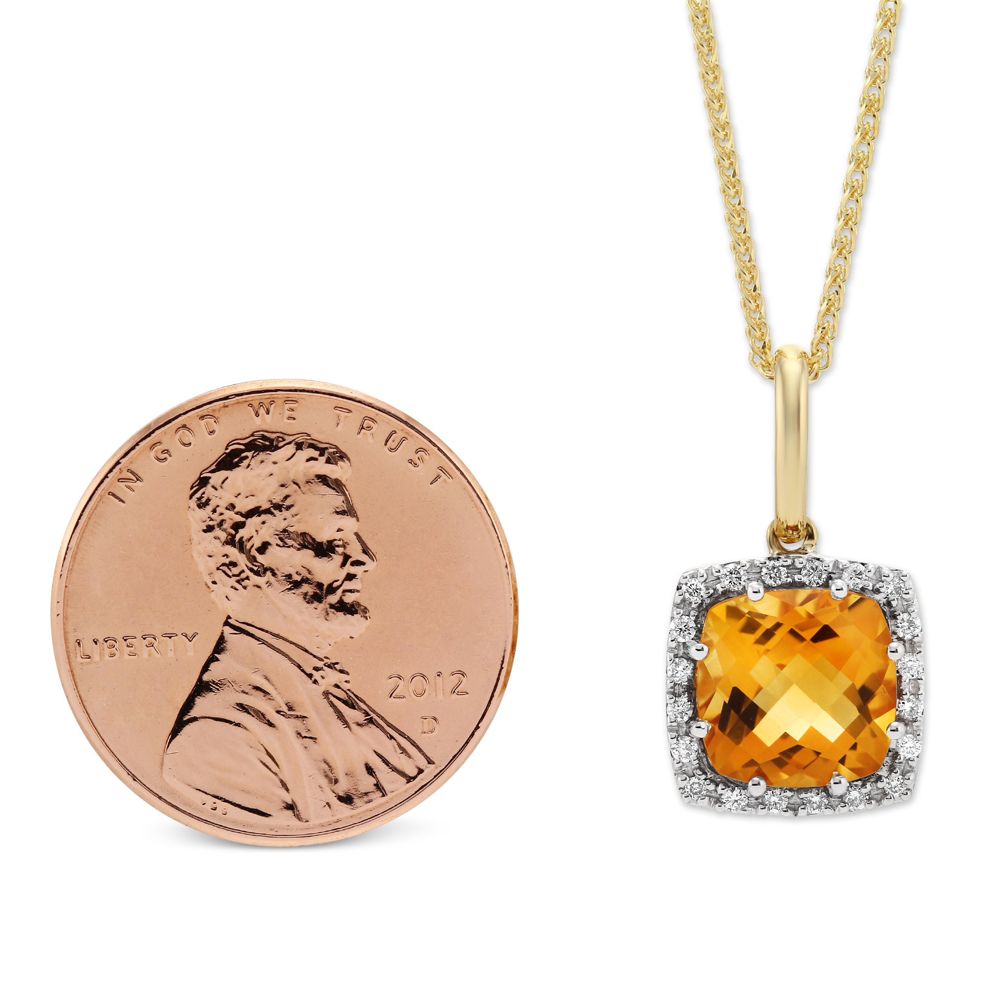 14K Yellow Gold Cushion Citrine & Diamond Frame Pendant, 18