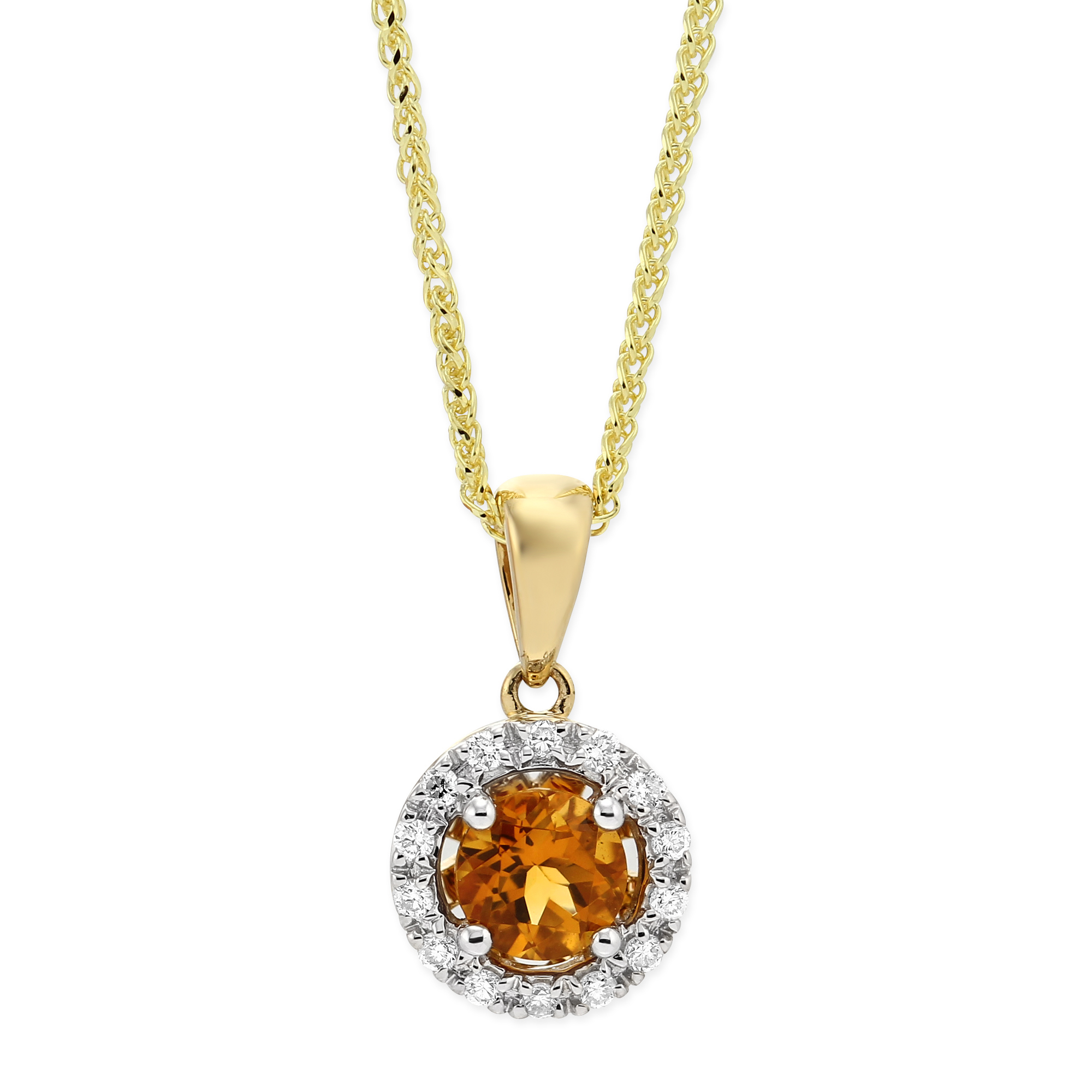 14K Yellow and White Gold Round Citrine & Diamond Halo Pendant, 18