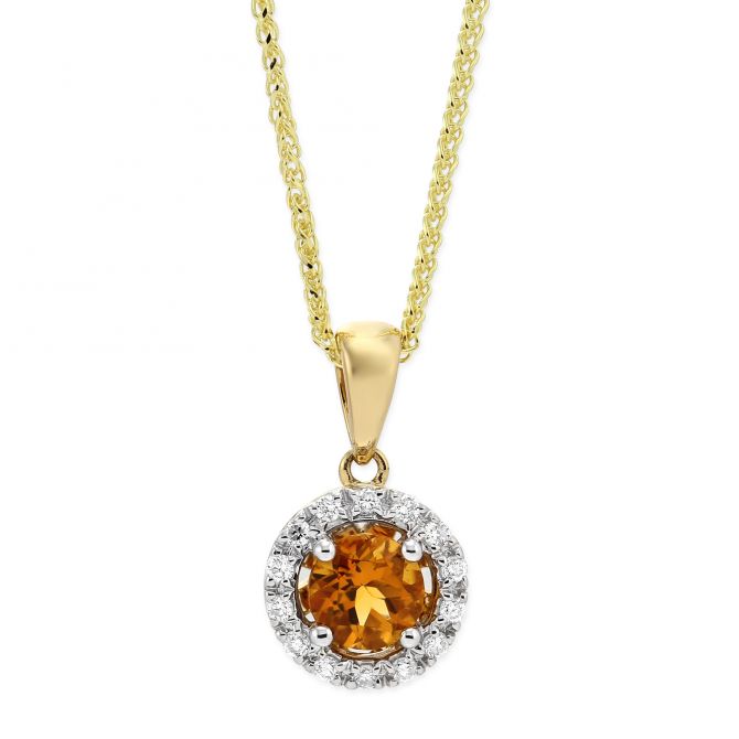14K Yellow and White Gold Round Citrine & Diamond Halo Pendant, 18"