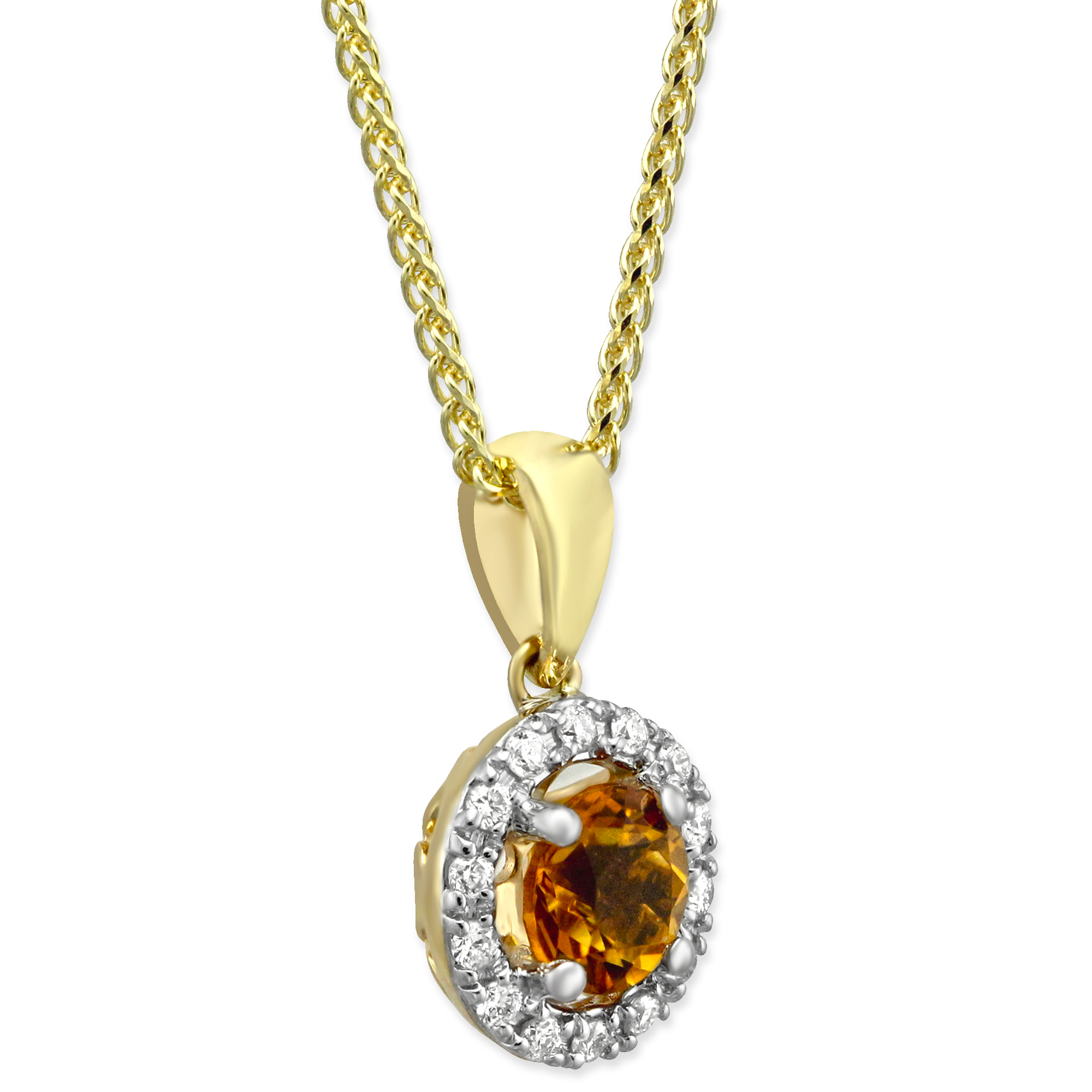 14K Yellow and White Gold Round Citrine & Diamond Halo Pendant, 18