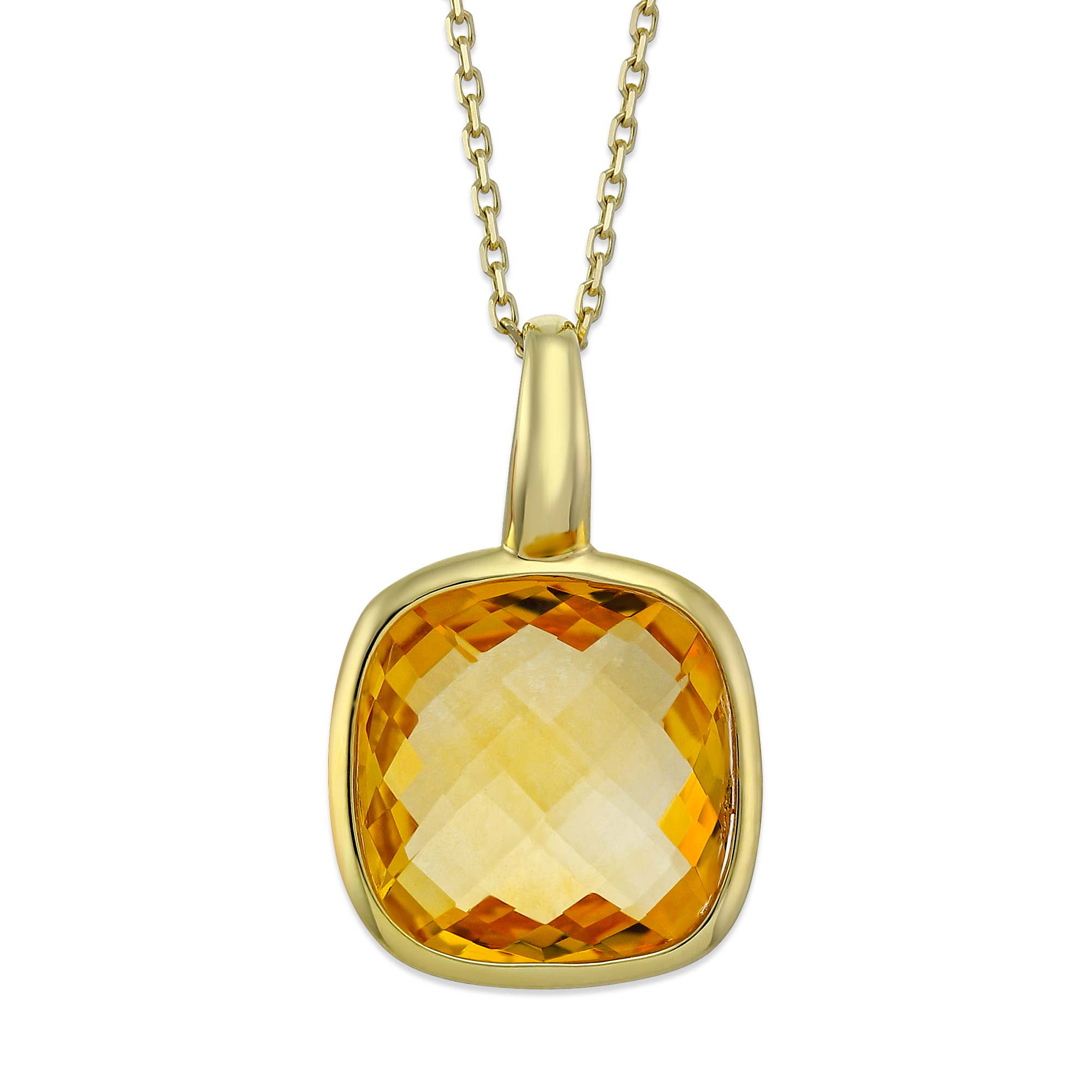 14K Yellow Gold Checkerboard Cushion Citrine Pendant, 18
